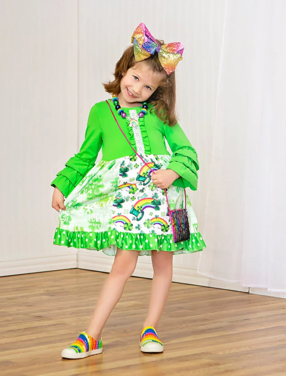 Rainbows & Shamrocks Triple Ruffle Sleeve Patchwork Dress
