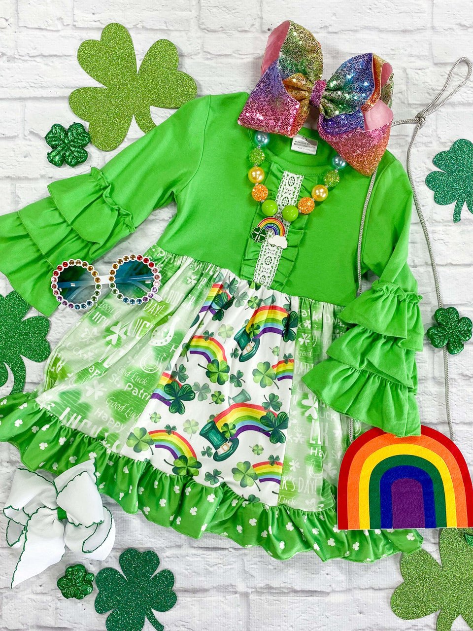 Rainbows & Shamrocks Triple Ruffle Sleeve Patchwork Dress - Image 2