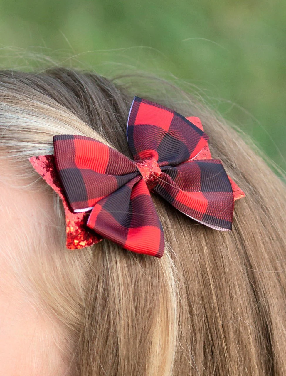 Red Glittery Buffalo Plaid Bow - Image 2