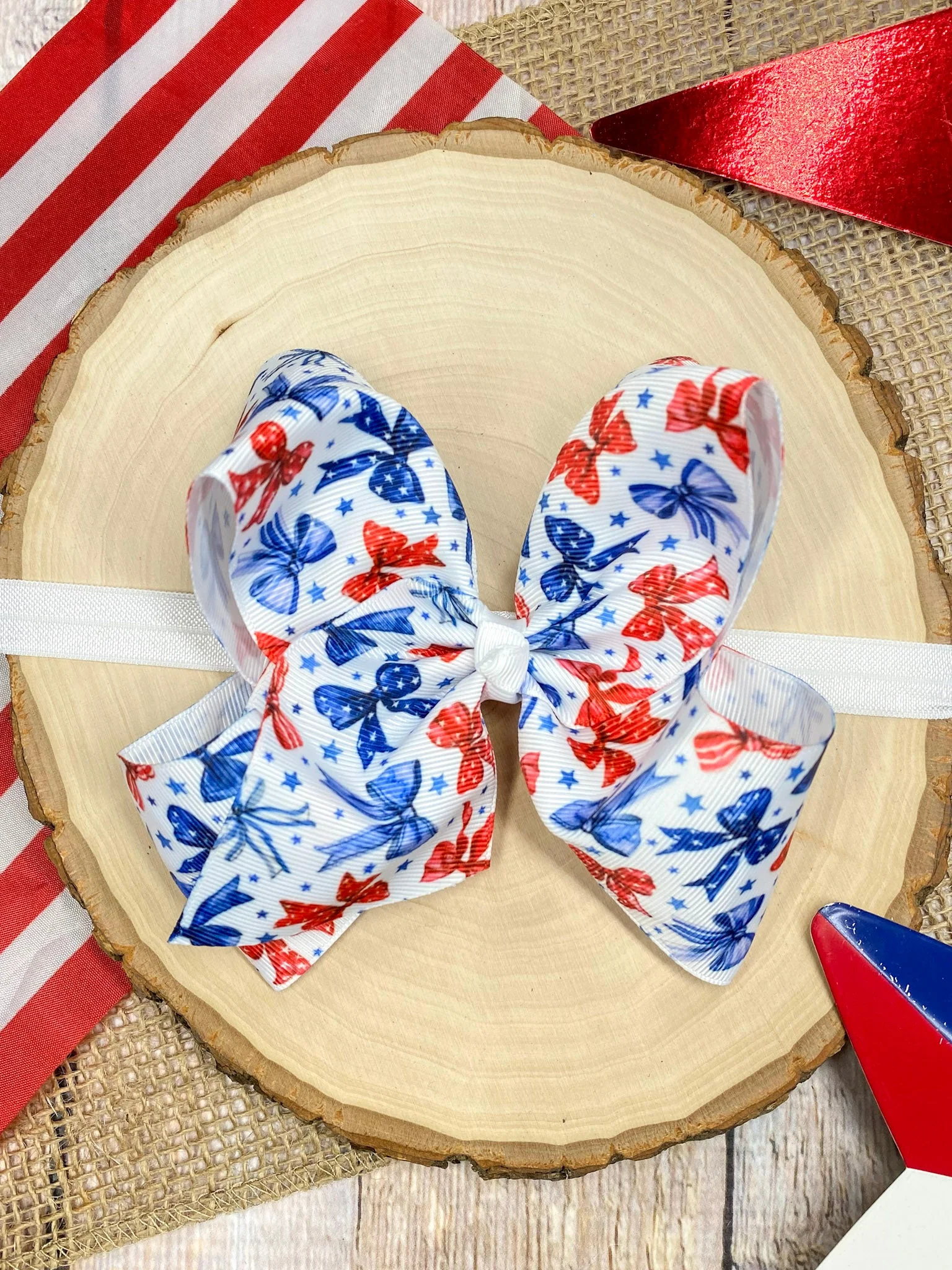 Red White & Blue Bow Print Classic Hair Bow | Clip or Headband - Image 3