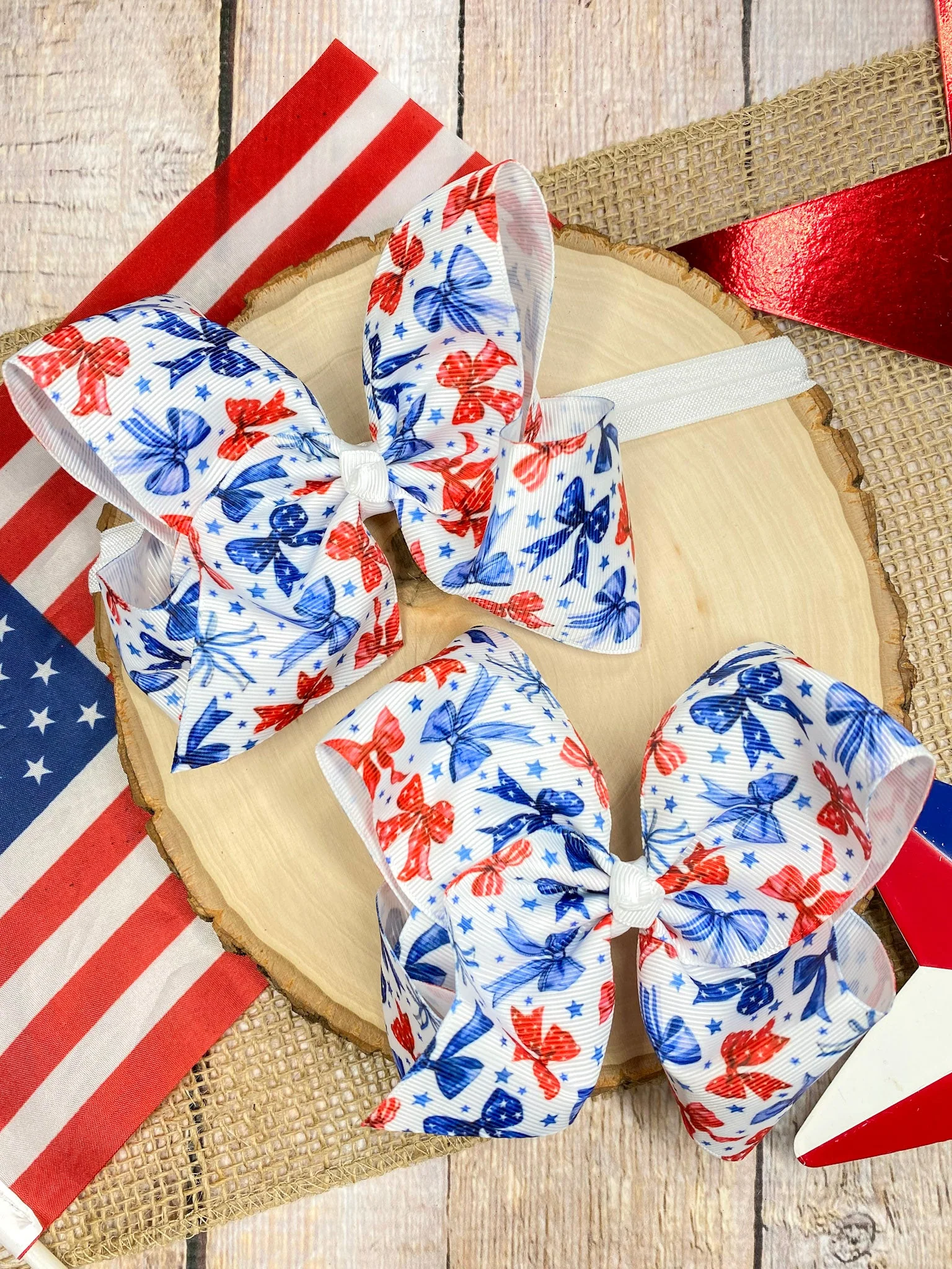 Red White & Blue Bow Print Classic Hair Bow | Clip or Headband - Image 4
