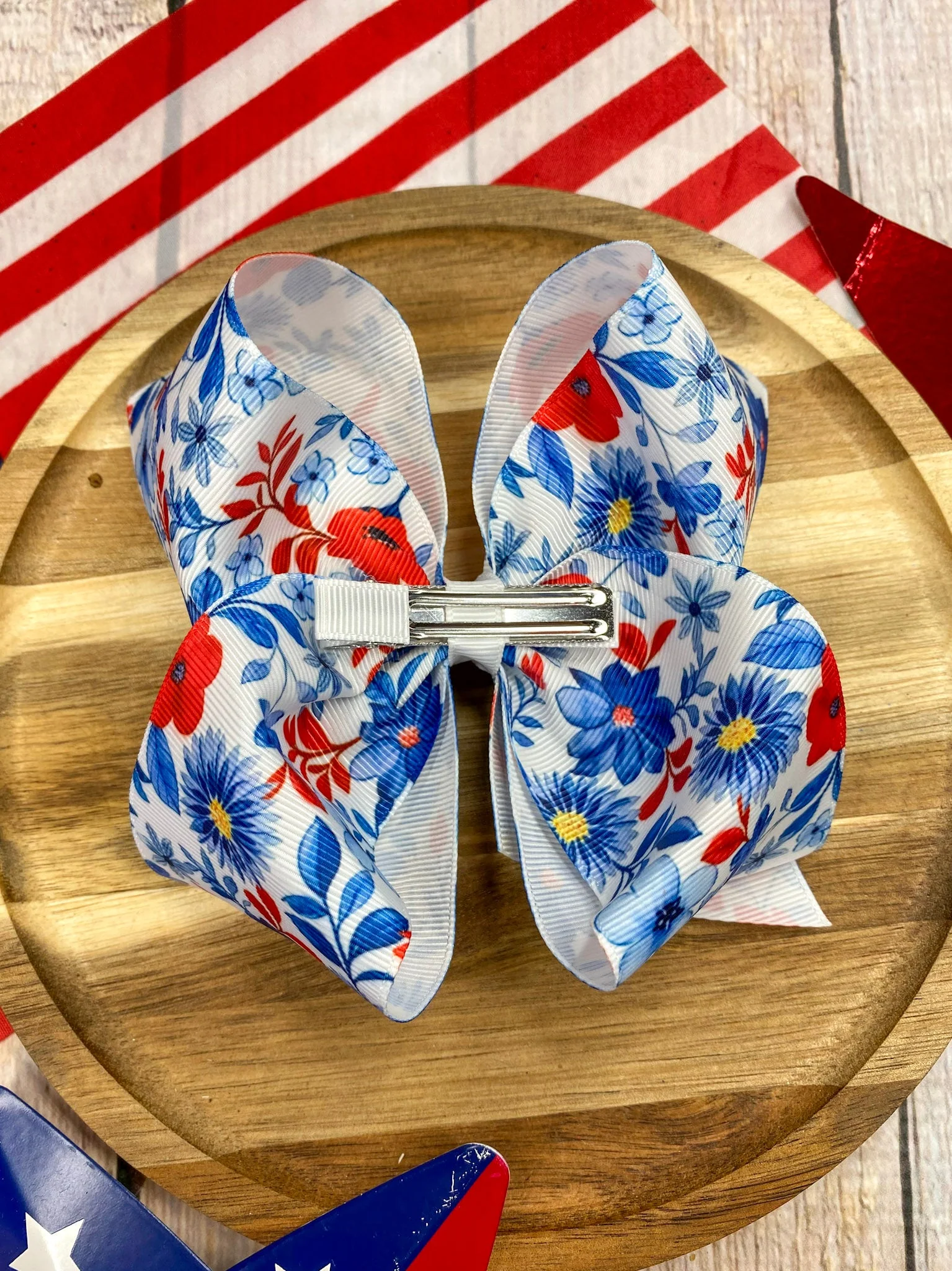 Red White & Blue Floral Classic Hair Bow | Clip or Headband - Image 3