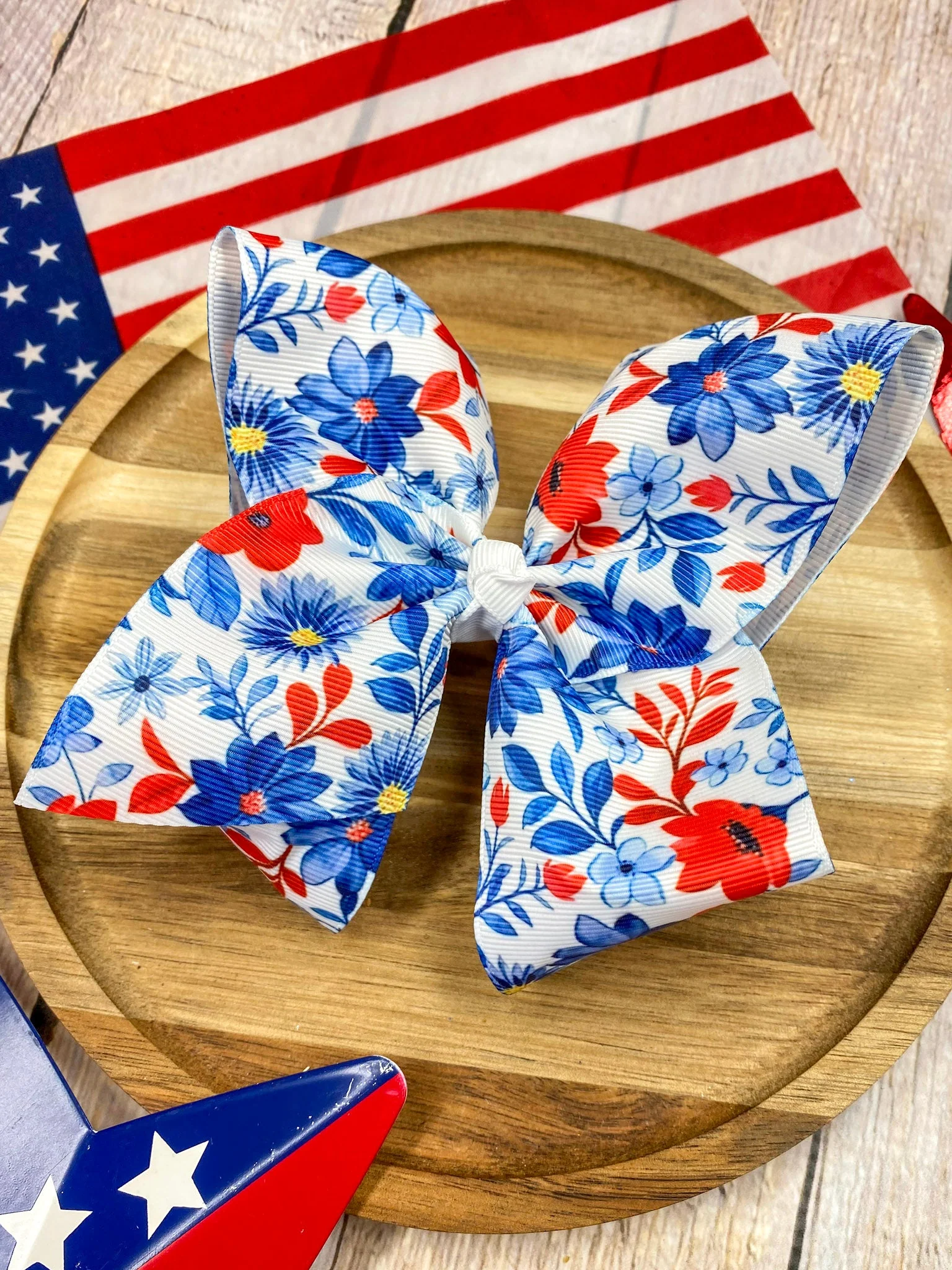 Red White & Blue Floral Classic Hair Bow | Clip or Headband - Image 4