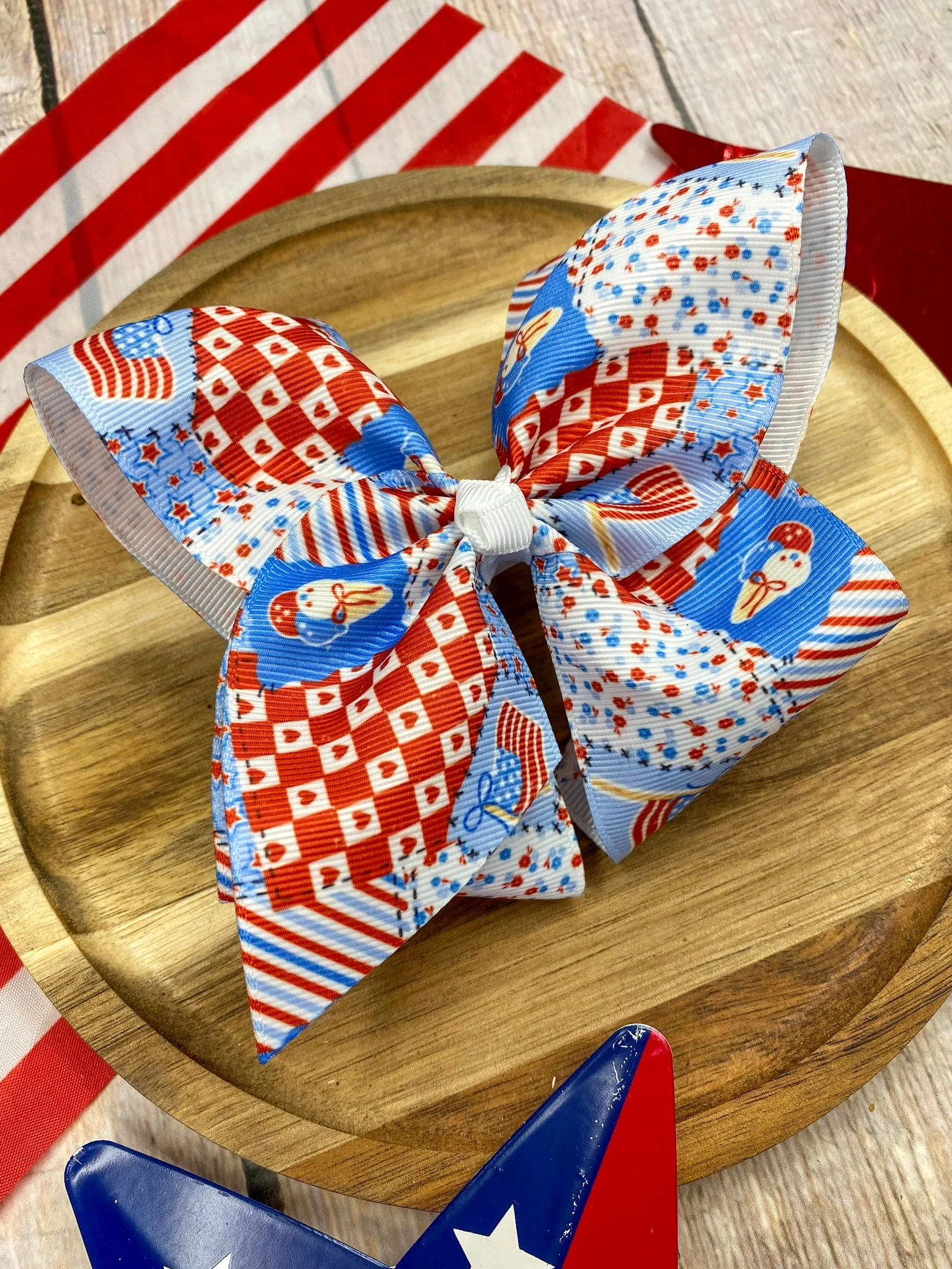 Red White & Blue Patchwork Classic Hair Bow | Clip or Headband - Image 3