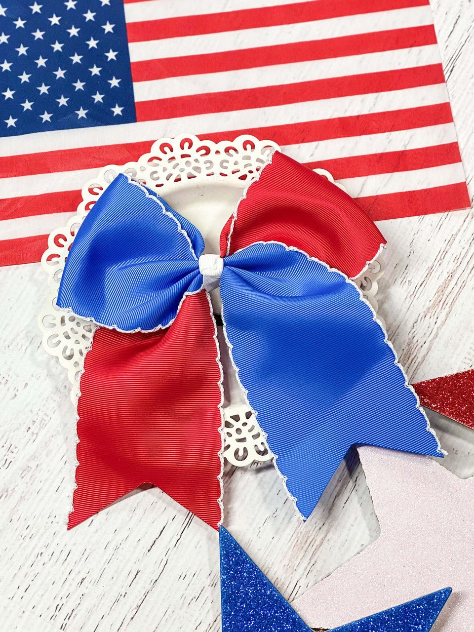 Red White & Blue Moonstitch Cheer Bow | Pony-O Clip – 7"