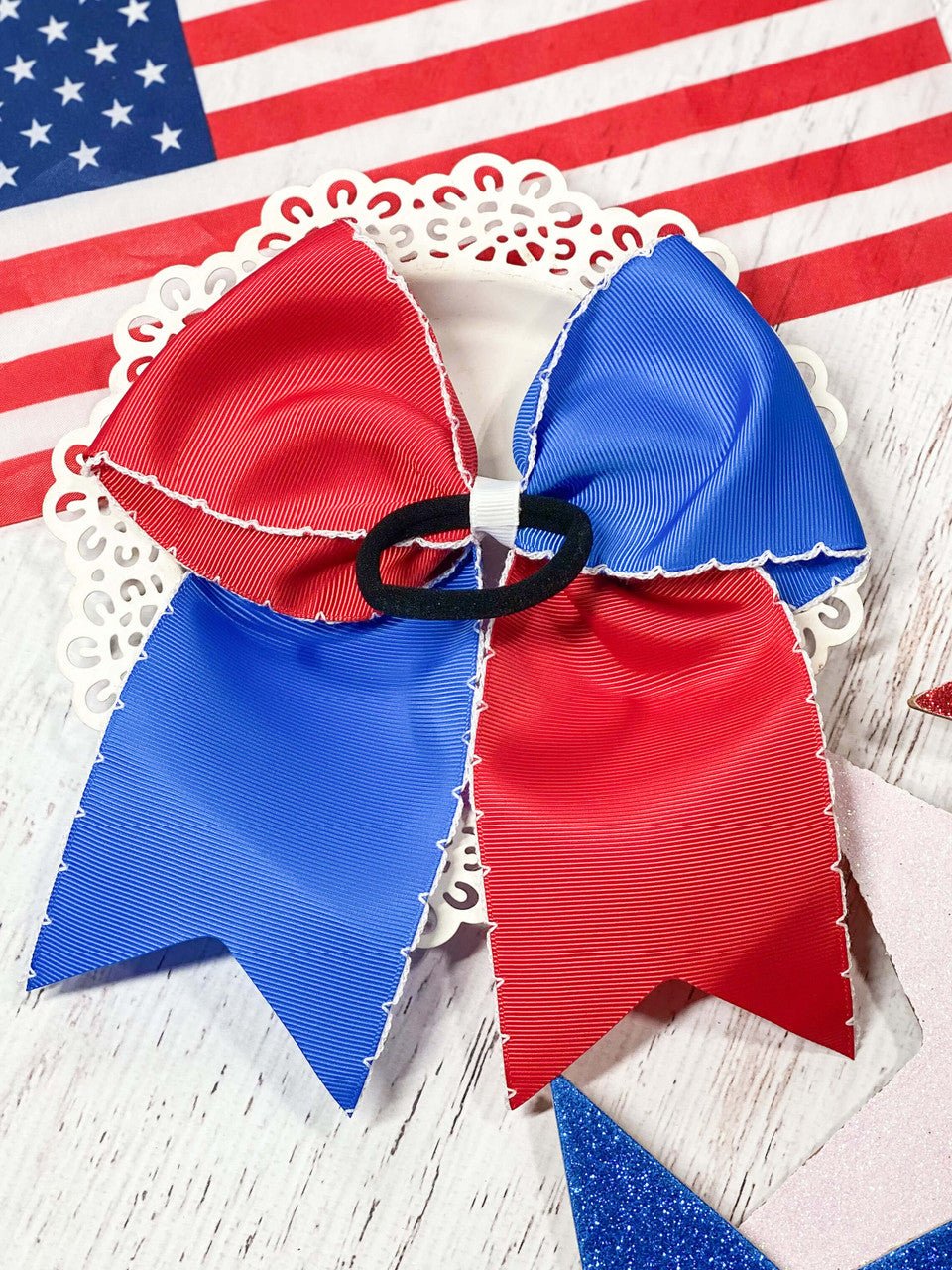 Red White & Blue Moonstitch Cheer Bow | Pony-O Clip – 7" - Image 2