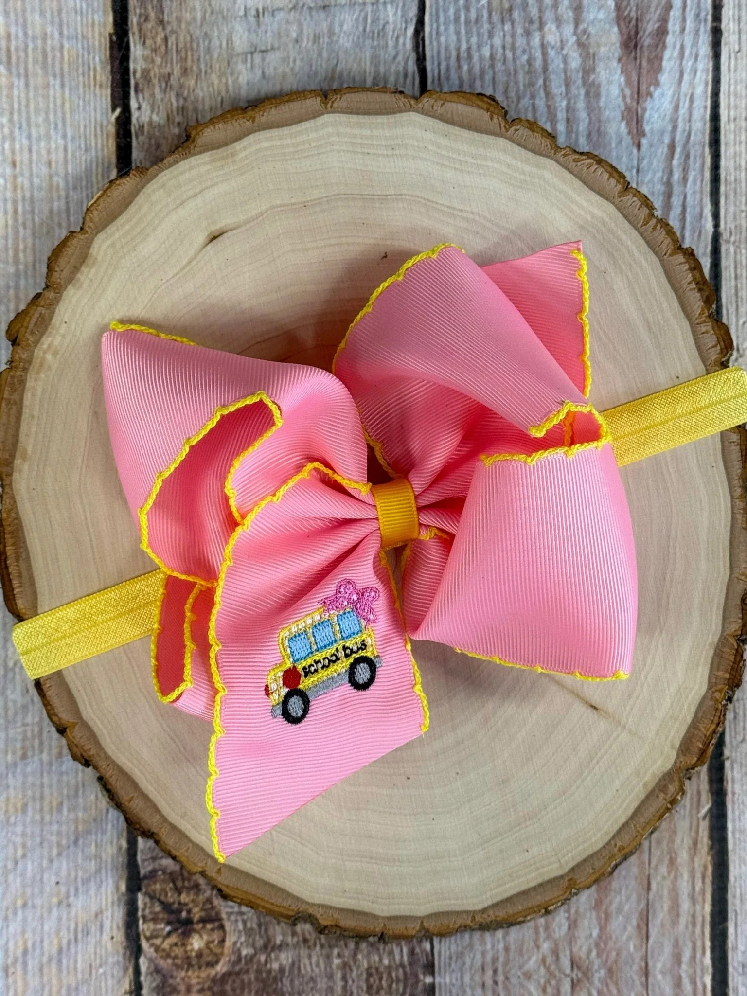 School Bus Embroidered Moonstitch Hair Bow | Clip or Headband - Image 4