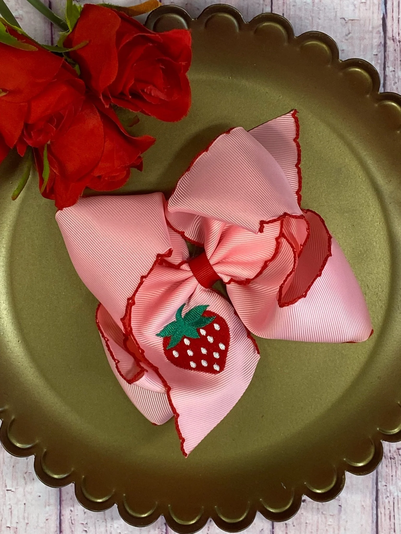 Strawberry Embroidered Moonstitch Hair Bow | Clip or Headband - Image 2