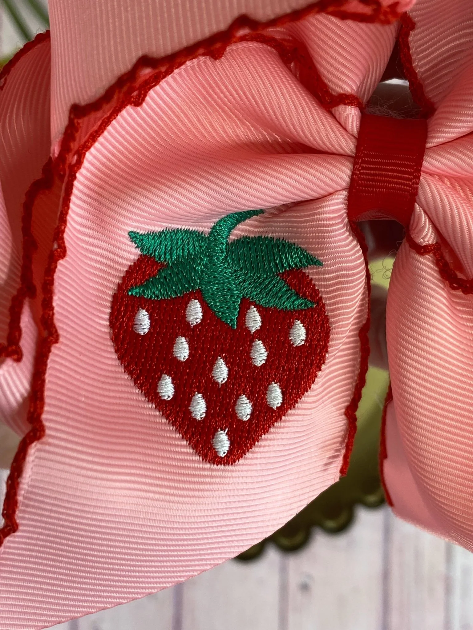 Strawberry Embroidered Moonstitch Hair Bow | Clip or Headband - Image 3