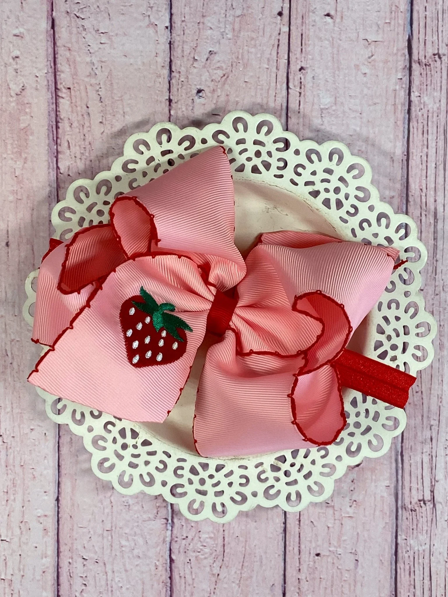 Strawberry Embroidered Moonstitch Hair Bow | Clip or Headband - Image 6