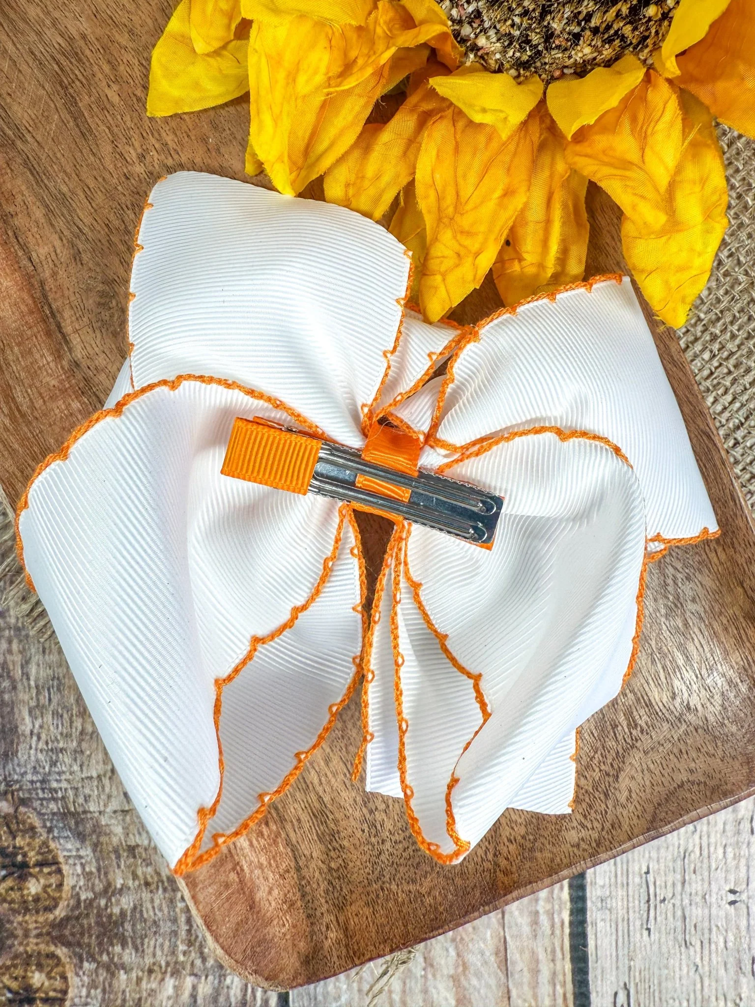Sunflower Embroidered Moonstitch Hair Bow | Clip or Headband - Image 3