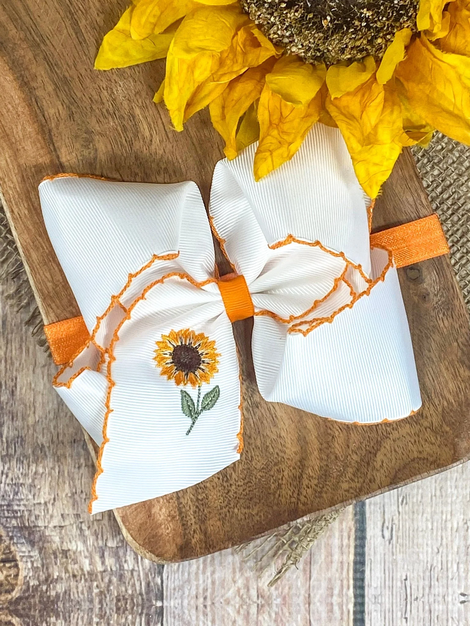 Sunflower Embroidered Moonstitch Hair Bow | Clip or Headband - Image 4