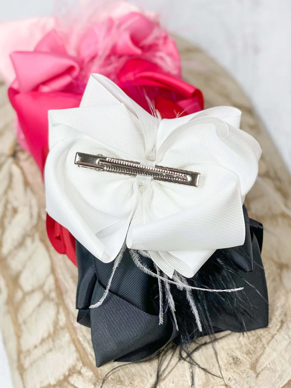 Solid Feather Puff Looped Knot Hair Bow - Alligator Clip - 5.5" - Image 3