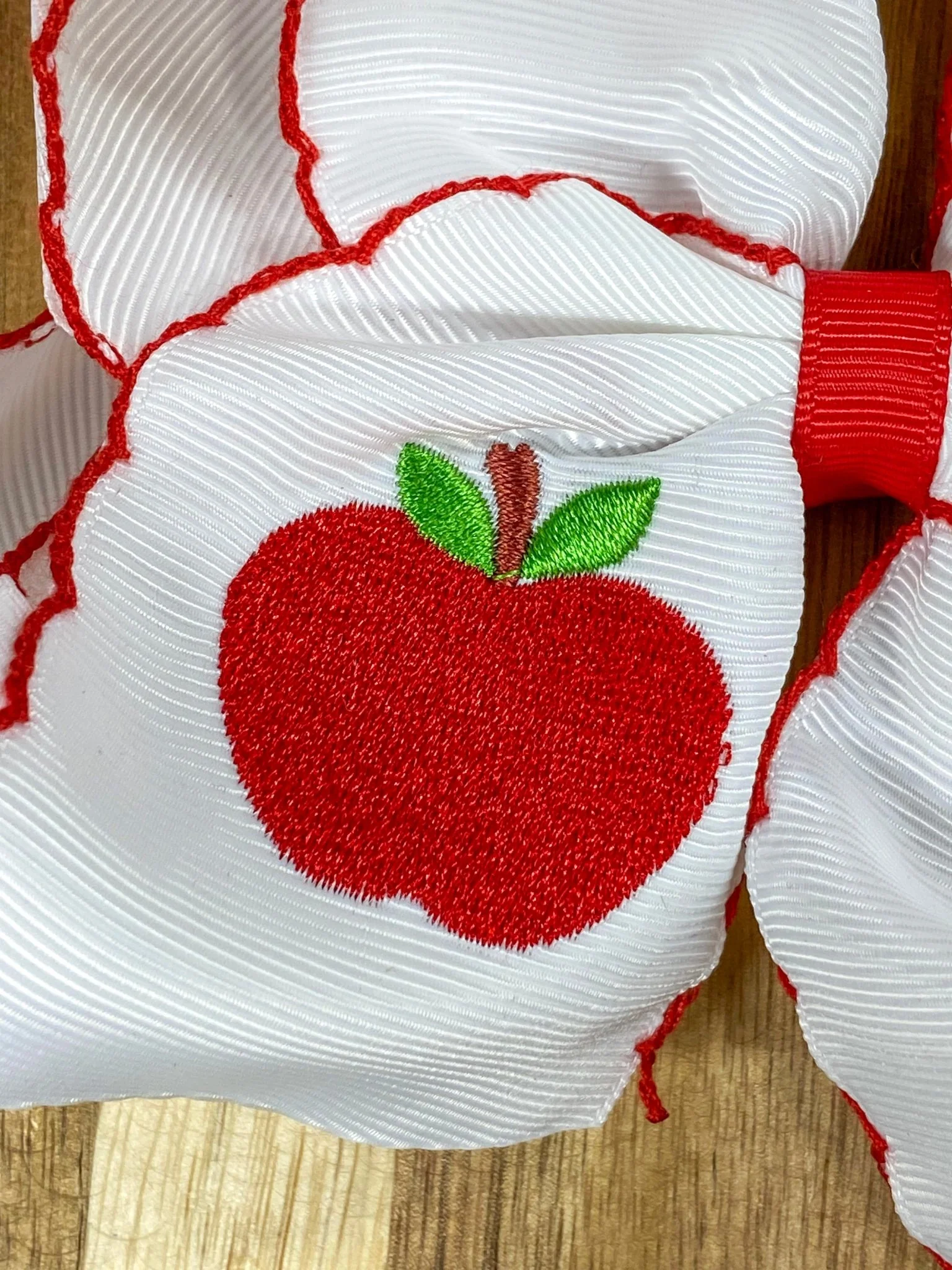 White Apple Embroidered Moonstitch Hair Bow | Clip or Headband - Image 2