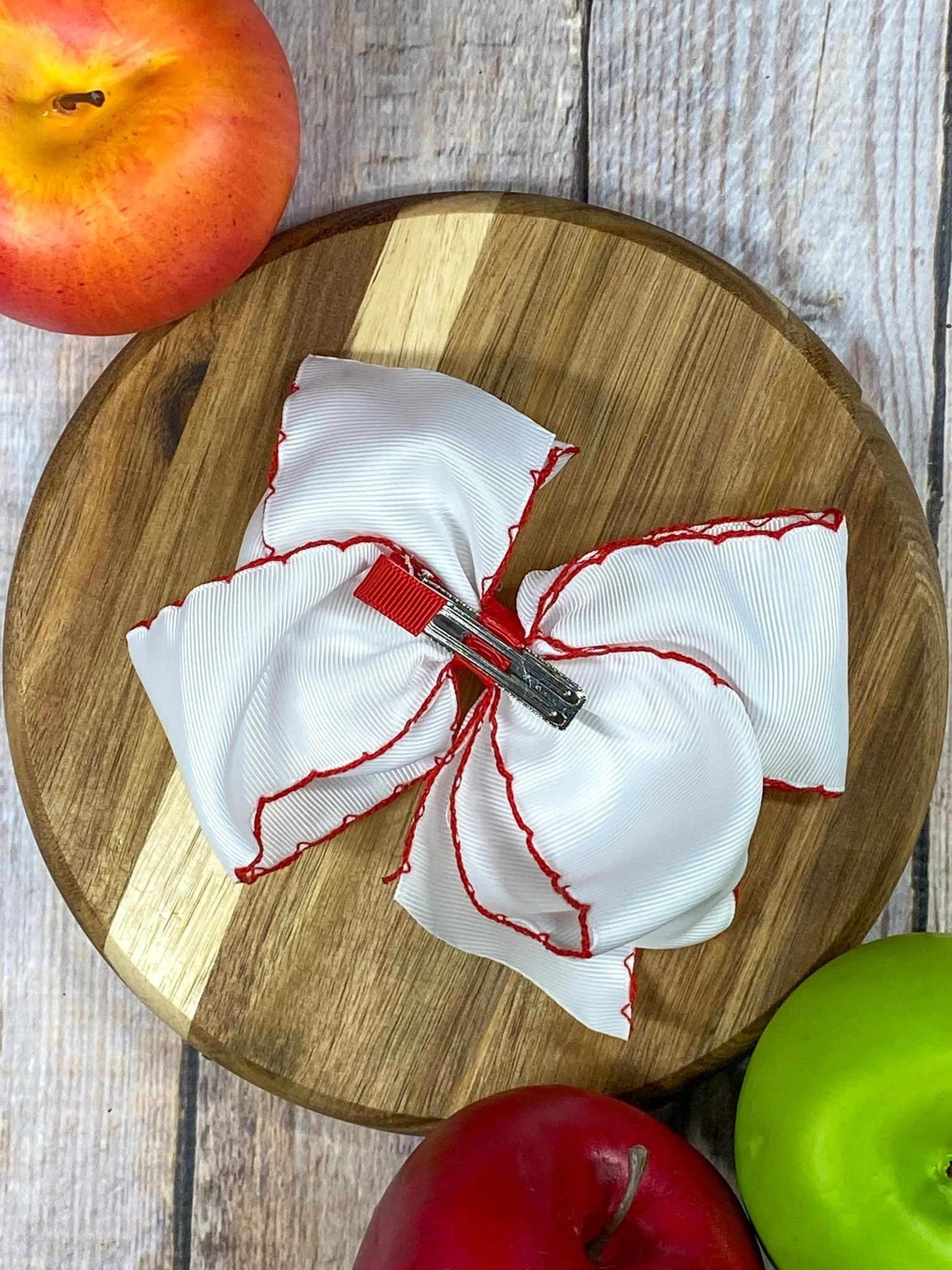 White Apple Embroidered Moonstitch Hair Bow | Clip or Headband - Image 3