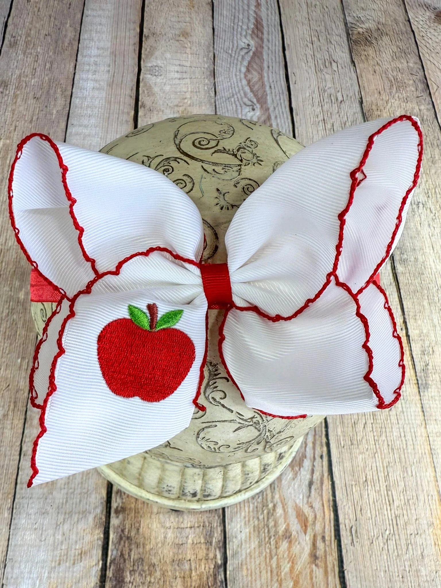 White Apple Embroidered Moonstitch Hair Bow | Clip or Headband - Image 4