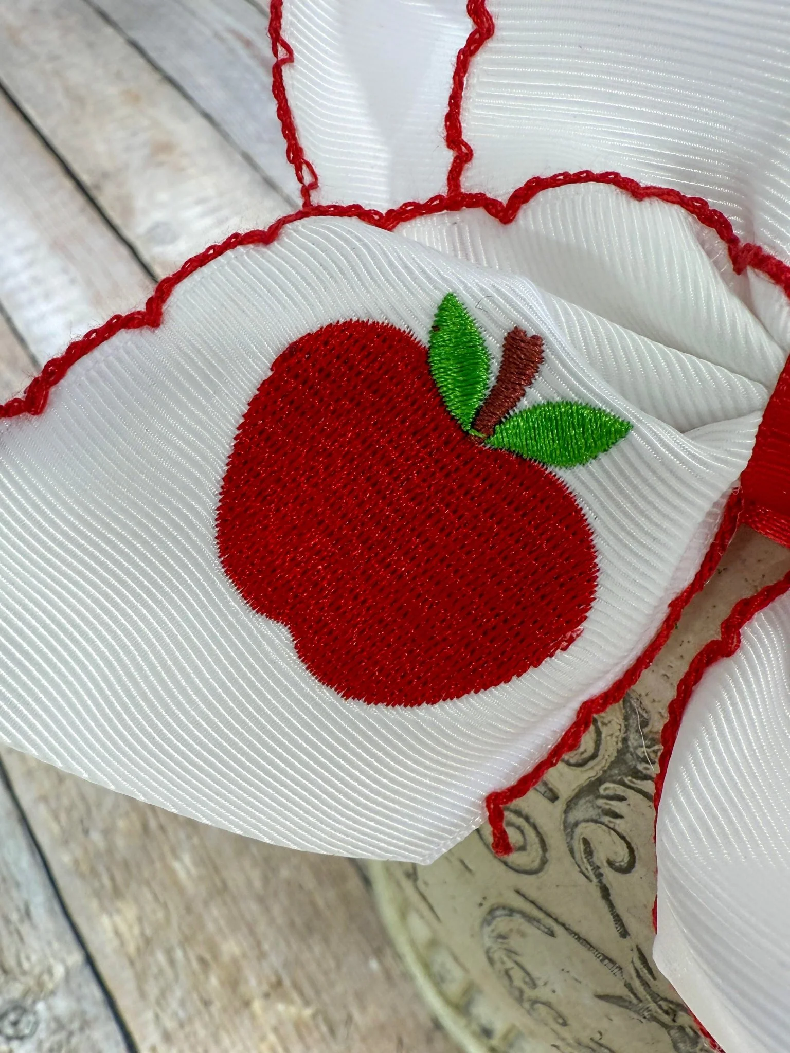 White Apple Embroidered Moonstitch Hair Bow | Clip or Headband - Image 5
