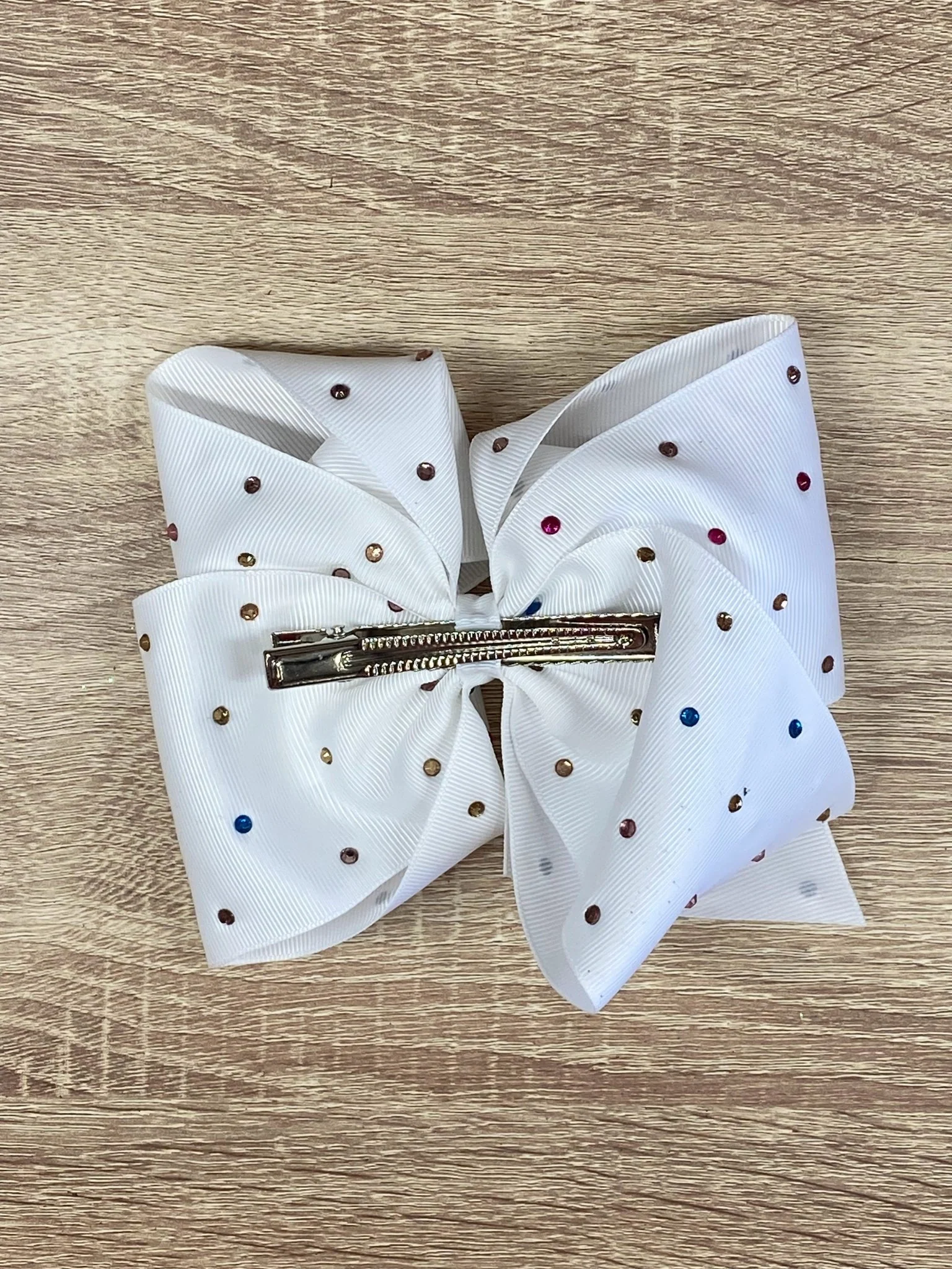 White with Rainbow Rhinestones Hair Bow - Image 2